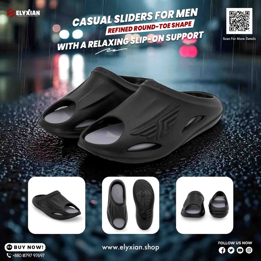 Redtape Casual Slider - Black | Refined Round-Toe Shape with a Relaxing Slip-On Support