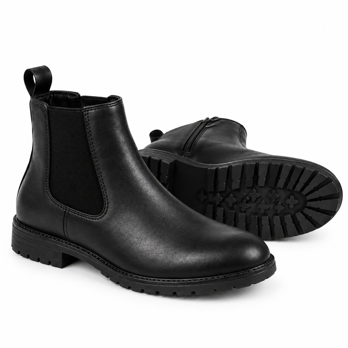 A pair of black leather Chelsea boots with elastic side panels and lug soles, shown on a clean white background.