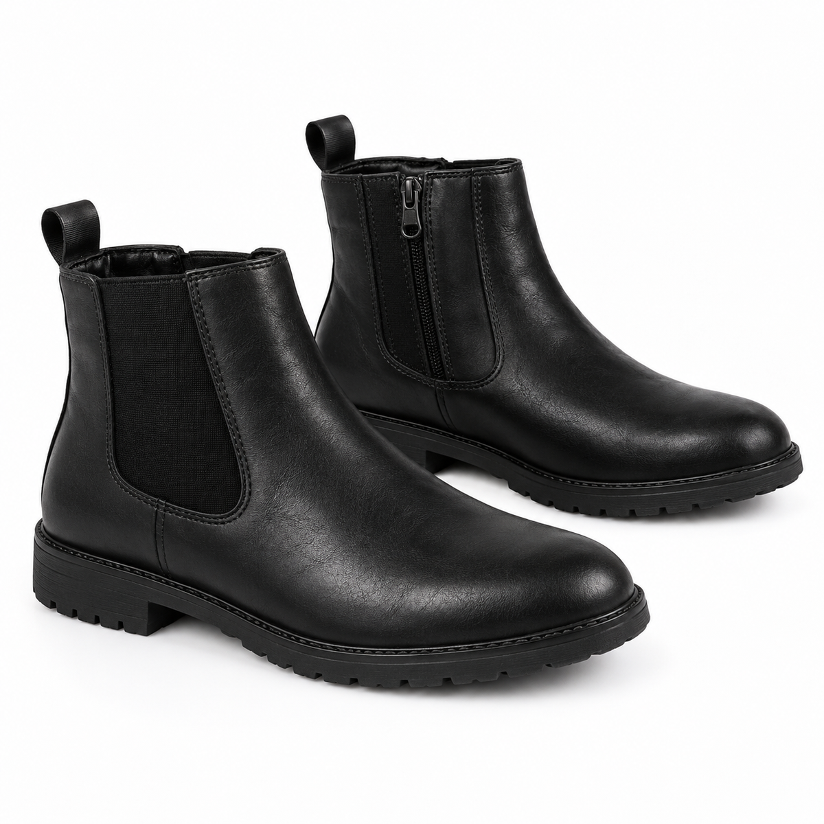 A pair of black leather Chelsea boots with elastic side panels and rear pull tabs, shown on a clean white background.