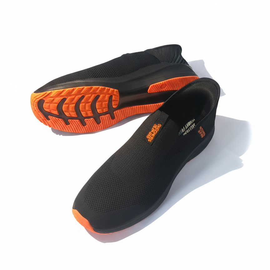 Skechers GoWalk Active Pro Slip-On Sneakers – Lightweight Breathable Comfort (Black/Orange)