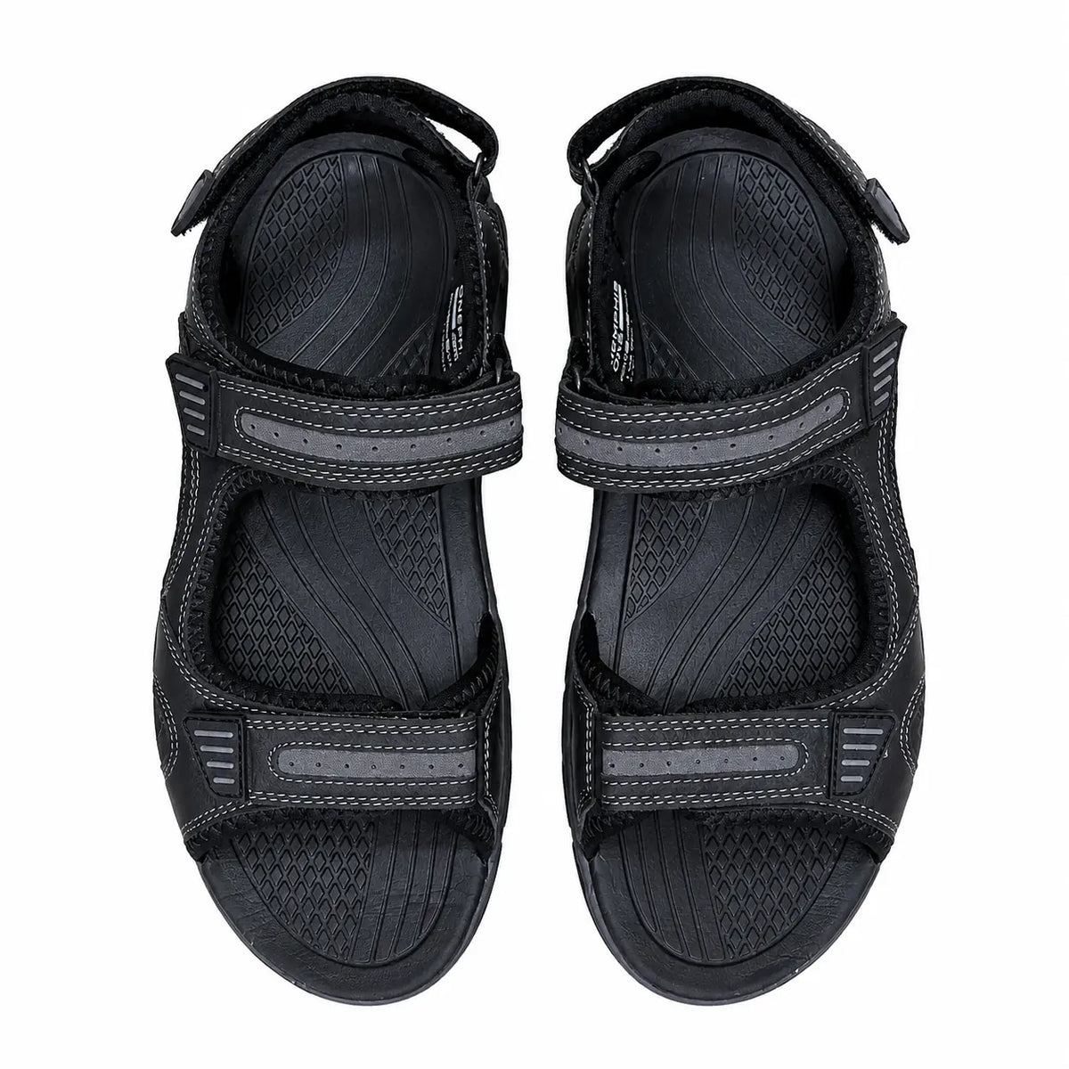 A pair of black athletic sandals with hook-and-loop straps, shown from a top-down view on a white background.