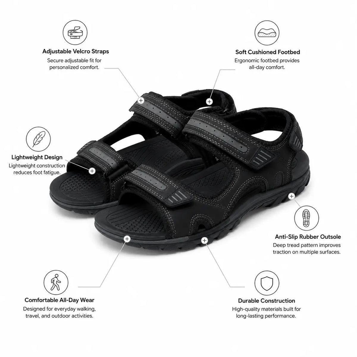Black adjustable velcro sandals with feature callouts and icons on a white background.