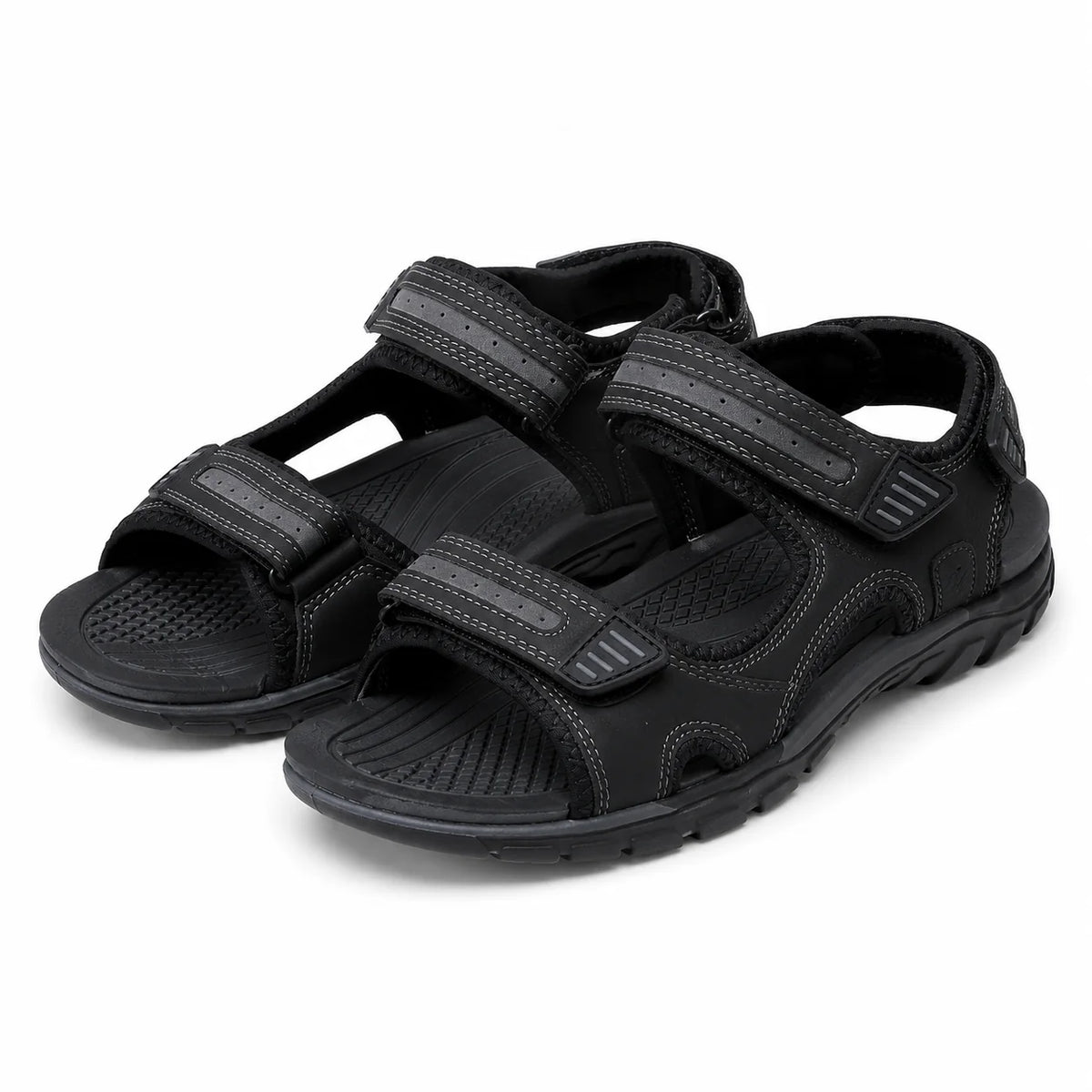 A pair of black men's athletic sandals with three adjustable hook-and-loop straps, shown on a clean white background.