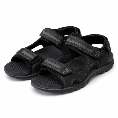 A pair of black men's athletic sandals with three adjustable hook-and-loop straps, shown on a clean white background.