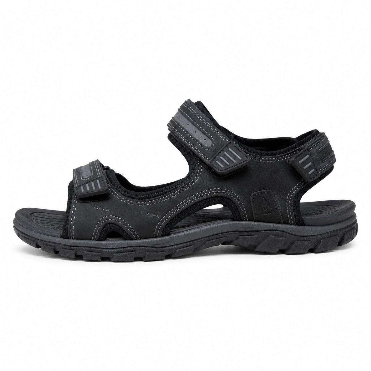 A black outdoor sandal with two adjustable hook-and-loop straps and a rugged sole, shown in a side profile on a white background.