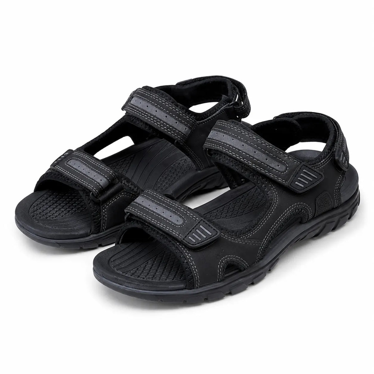 A pair of black athletic sandals with three adjustable hook-and-loop straps, shown on a clean white background.